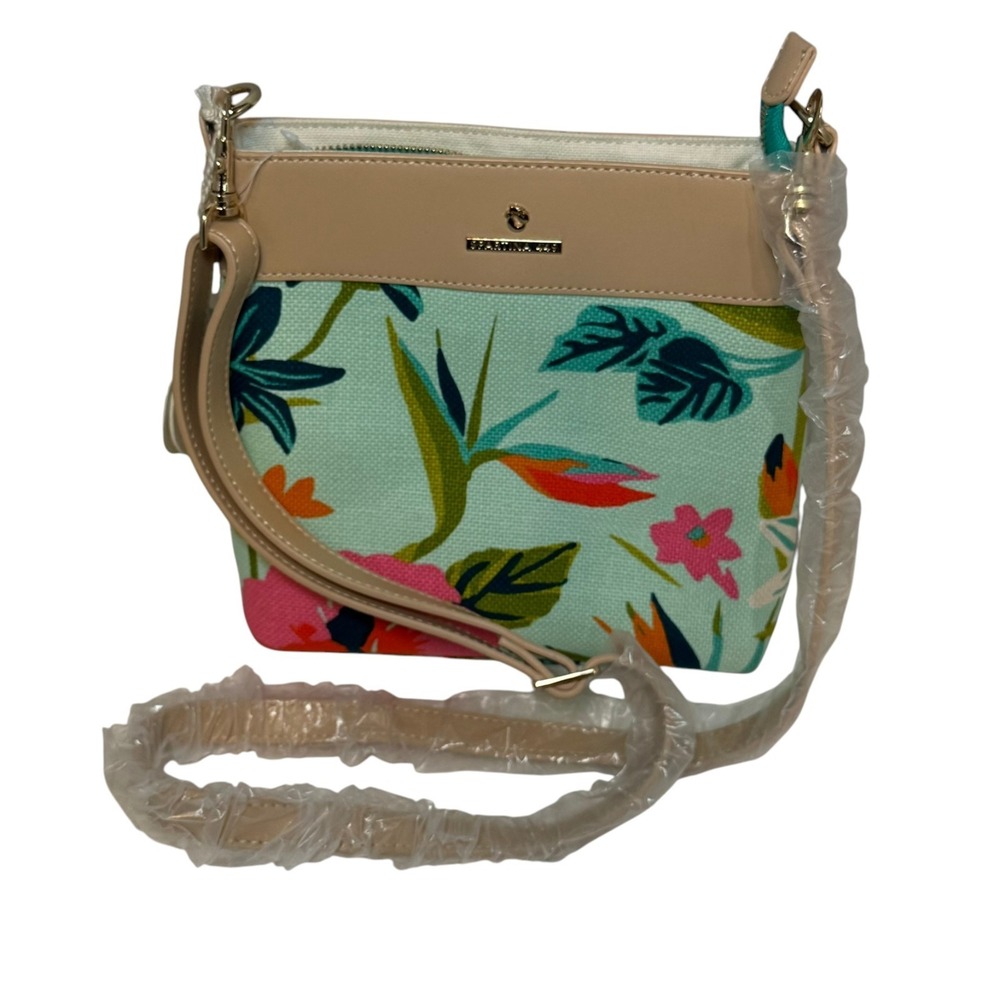 Spartina 449 Crossbody Bag 9" Aqua Tropical Floral Tan Adjustable Strap New - Picture 4 of 9